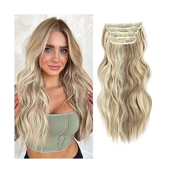 Lot de 4 extensions de cheveux à clipser pour femme - Cheveux longs et raides - Cheveux longs et épais - Fibre synthétique on