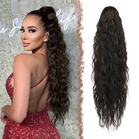 FESHFEN Ponytail Cheveux Naturel Cordon Ponytails Extension Longue Noir Naturel Bouclée Ondulée Postiche Queue de Cheval Exte