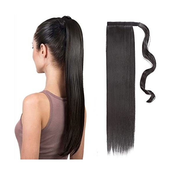 TESS Queue de Cheval Extension 60 cm, Ponytail Cheveux Naturel Lisse Brun foncé 2A Fausse Queue de Cheval 90g