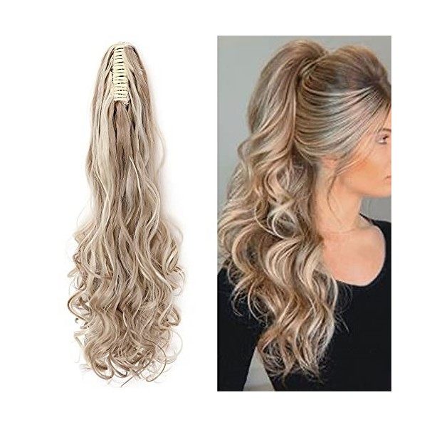 Une pièce Extension a Clip Cheveux Naturel Claw on Queue de Cheval Ombre Ponytail Postiche 60cm Bouclé Blond foncé mélange Bl