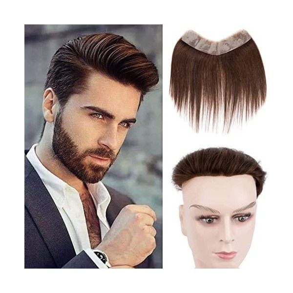 ACCZ postiche pour homme - 100 % cheveux humains - 3,8 x 17,8 cm - Base fine en V - Ligne de cheveux frontale sans couture - 