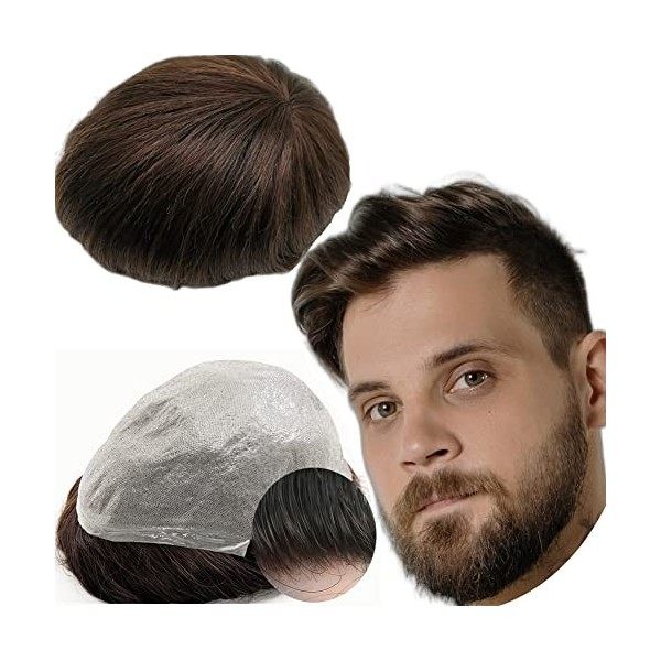 Toupet Cheveux Humains pour Hommes Yanahair 0.04mm Remplaçable Système Peau Mince pour Homme PU Postiche Base Perruques,8x10 