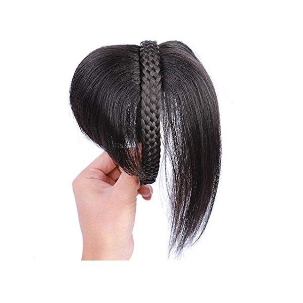 Yanamy Couronne de cheveux humains tressés à clip pour femme - Avec frange latérale - Marron foncé - 25,4 cm