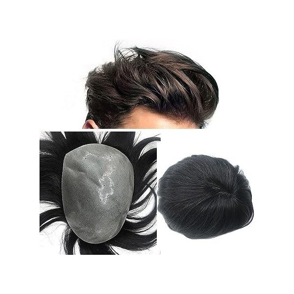 Postiche Toupet for hommes, 4mm-6mm PU peau cuir chevelu biologique cheveux humains toupet for hommes, cheveux naturels noirs