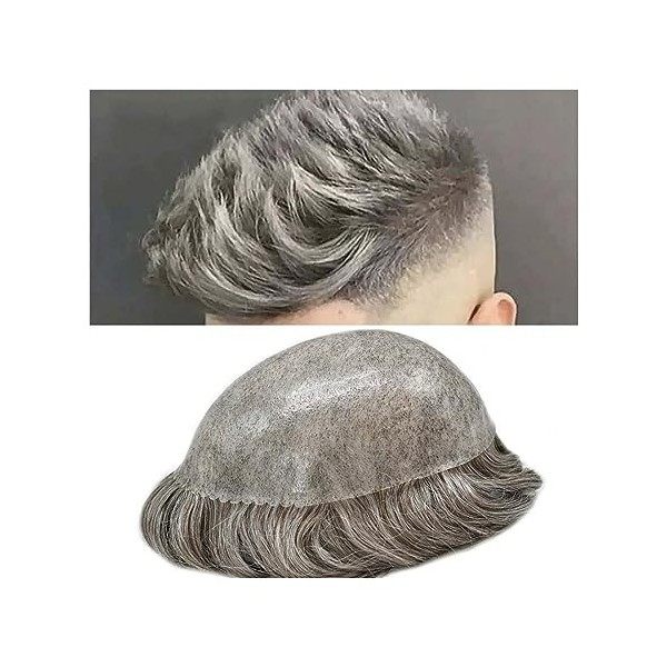 Postiche Cheveux gris indien système de cheveux humains postiches for hommes toupet 0.1-0.12mm tout PU injecté peau mince tou