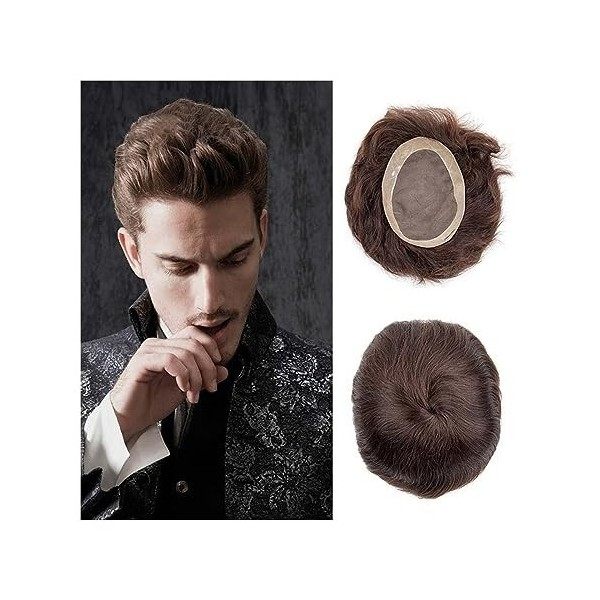 Postiche Toupet marron for hommes Poly Coating Fine Mono NPU Hairpieces Straight Indian Human Hair Systèmes de remplacement d