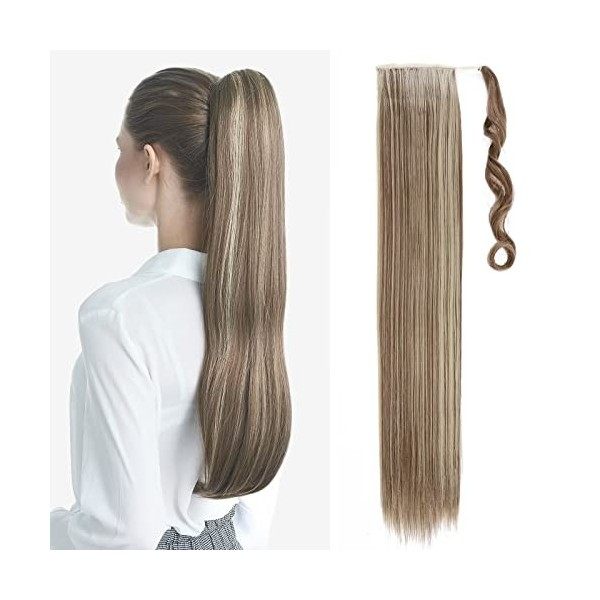 TESS Queue de Cheval Extension 60 cm, Ponytail Cheveux Naturel Lisse Hellbraun mit Aschblond Fausse Queue de Cheval 90g