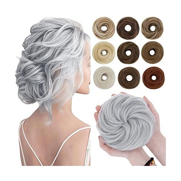 Extensions de Chignon Queue de cheval 55G Chouchou Chignon Cheveux Elastique Volume Epais Pour Femmes, Gris Argenté