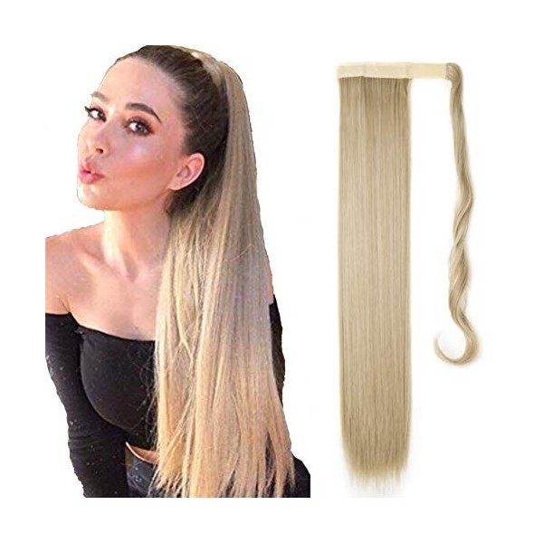 Postiche Ponytail Extension Queue de Cheval Cordon de Serrage Naturel Synthétique Longue Faut Meche Lisse Droit Raide 58cm Bl