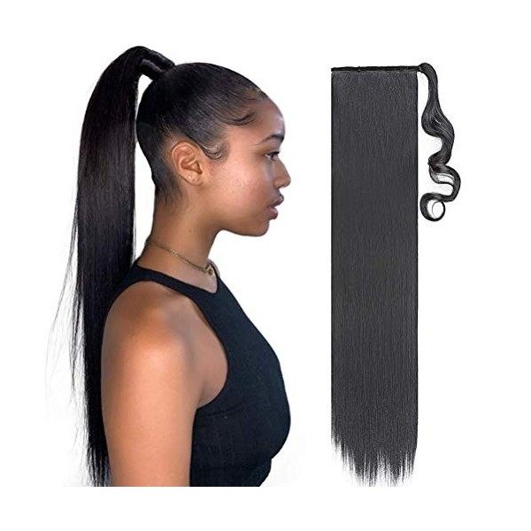 Postiche Ponytail Extension Queue de Cheval Cordon de Serrage Naturel Synthétique Longue Faut Meche Lisse Droit Raide 58cm Bl