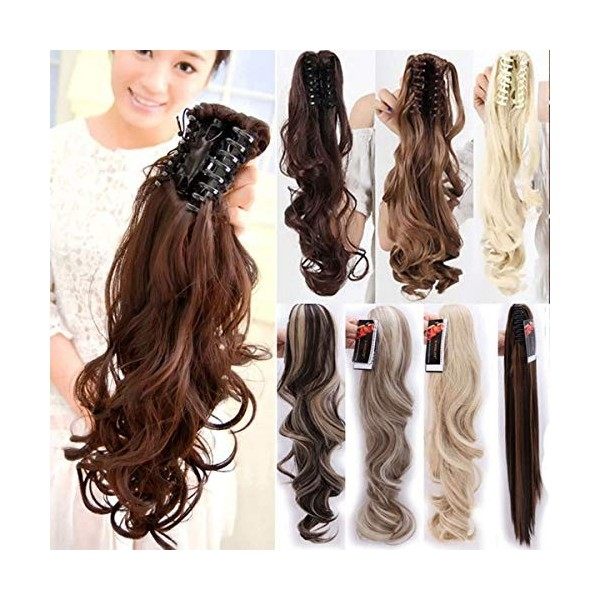 S-noilite Queue de Cheval Extensions à Clips Cheveux Naturels Postiche Ponytail Clip in Hair Extensions 45cm Bouclé - Marron