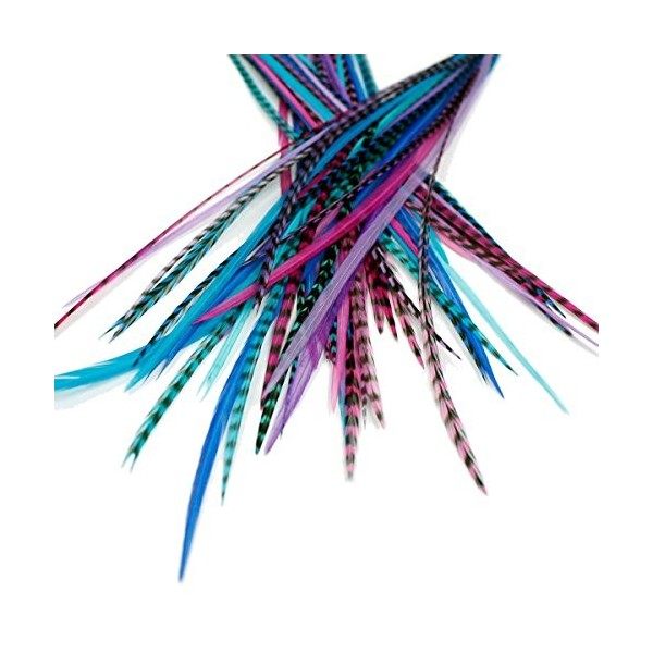 25 extensions de véritables plumes pour cheveux : courtes et fines, 18-23 cm avec des anneaux et une boucle Berry 
