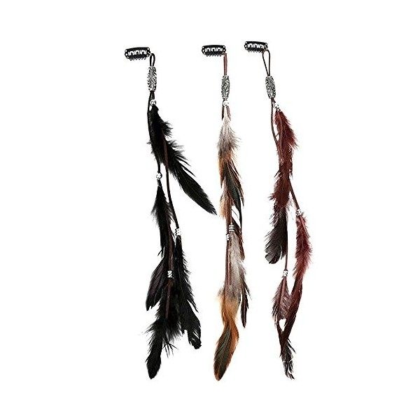 Icyang Lot de 3 barrettes avec extensions de cheveux en plumes faites à la main Style bohème hippie