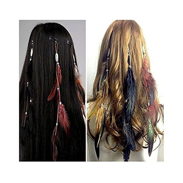 Icyang Lot de 3 barrettes avec extensions de cheveux en plumes faites à la main Style bohème hippie