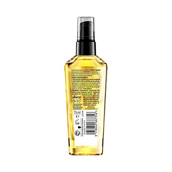 Schwarzkopf Gliss Huile de Soin Précieuse Hydratante pour Cheveux Secs, Enrichie en Huile dArgan et Vitamine E, 75ml