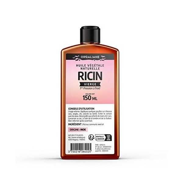 Huile de Ricin - Orgaliane 150 ml- Pure et Naturelle - Barbe, Cheveux, Cils, Ongles, Peau.