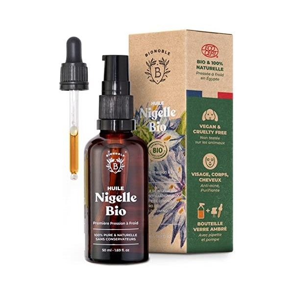 Bionoble Huile de Nigelle Bio Pure 50ml - Flacon Verre, Pompe + Pipette - Huile de Nigelle Cheveux, Visage + Corps - Huile de