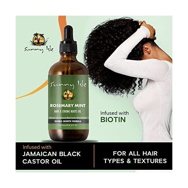 Sunny Isle - Huile pour cheveux et racines fortes au romarin et à la menthe, infusée de biotine et dhuile de ricin noire jam