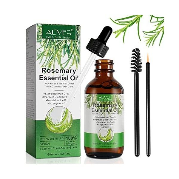 Huile Essentielle de Romarin pour Cheveux, Sourcils et Cils, Stimule la Croissance des Cheveux, Huile de Traitement de la Per