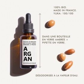 Huile dArgan 100% Bio, Pure et Naturelle - 50 ml - Désodorisée à la vapeur deau - Soin pour Cheveux, Corps, Peau, Ongles