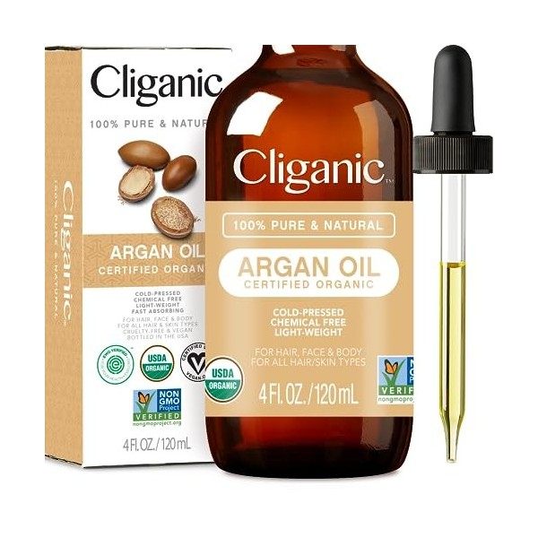 Huile dargan bio Cliganic, 100% pure | pour les cheveux, le visage et la peau | Huile de support pressée à froid, importée d