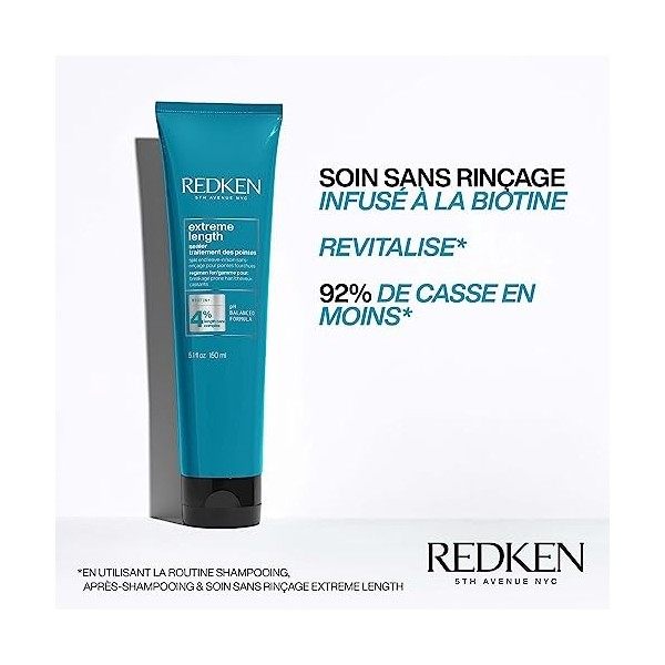 Redken, Soin Réparateur de Pointes pour Cheveux Longs, Biotine & Huile de Ricin, Sans Rinçage, Extreme Length, 150 ml