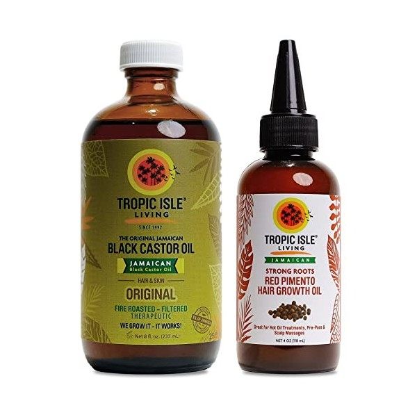 Tropic Isle Living Jamaican Black Castor Oil 8oz & Strong Roots Red Pimento Hair Growth Oil 4oz SET by Tropic Isle Living