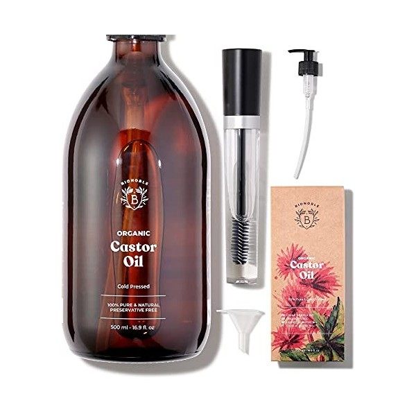 Bionoble Huile de Ricin Bio 500ml - Naturelle et Pressée à Froid - Vegan Castor Oil - Bouteille en Verre + Pompe + Kit Mascar