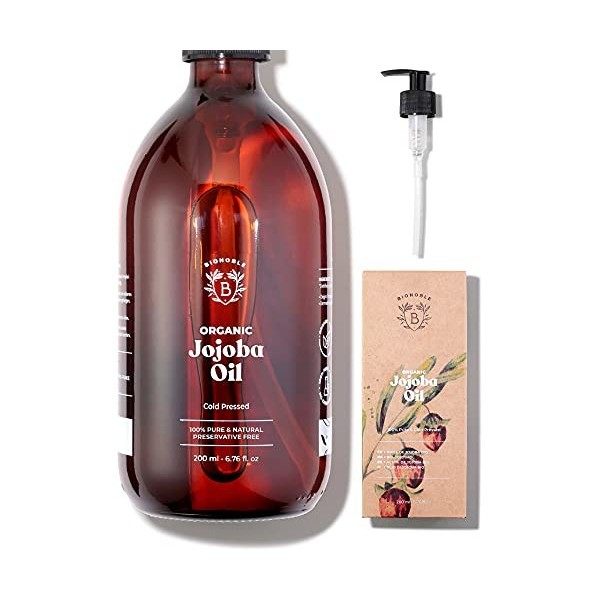 Bionoble Huile de Jojoba Bio 200ml - Naturelle et Pressée à Froid - Visage, Corps, Cheveux, Barbe, Ongles - Vegan et Cruelty 