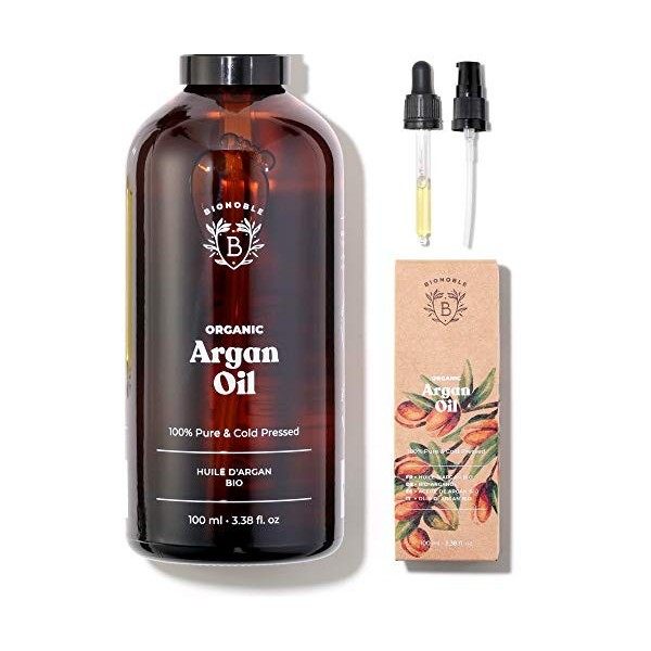 Bionoble Huile dArgan Bio 100ml - 100% Huile d Argan Pure et Pressée à Froid - Pure Organic Argan Oil Morocco - Flacon Verre