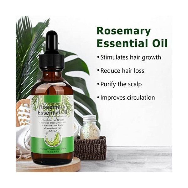 Rosemary Oil 60ML Huile de Romarin pour Cheveux Sourcils Et Cils, Huile Essentielle Romarin pour Peaux et Massages De La Peau