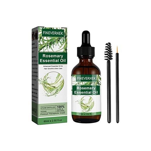 FINEVERNEK Huile Essentielle de Romarin pour Cheveux, Sourcils Et Cils, Huile Romarin Cheveux Bio, Stimule la Croissance des