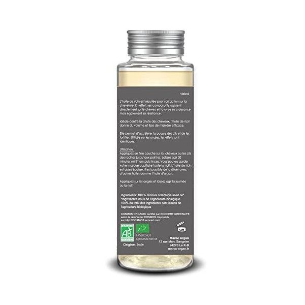 Huile de Ricin Ecocert 100% BIO Croissance/Résistance des Cheveux Certifiée ECOCERT par Référentiel Cosmos GreenLife Qualité 