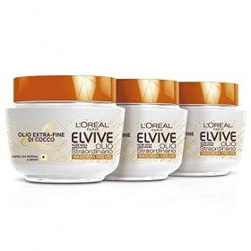 LOréal Paris Elvive Lot de 3 masques nourrissants, huile fine de noix de coco, pour cheveux normaux à secs, 300 ml [900 ml]