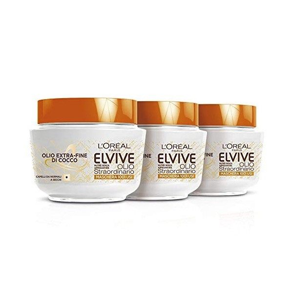 LOréal Paris Elvive Lot de 3 masques nourrissants, huile fine de noix de coco, pour cheveux normaux à secs, 300 ml [900 ml]