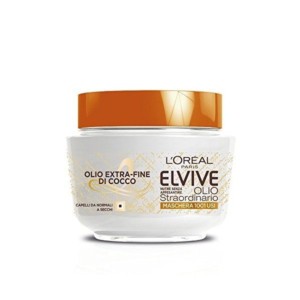 LOréal Paris Elvive Lot de 3 masques nourrissants, huile fine de noix de coco, pour cheveux normaux à secs, 300 ml [900 ml]