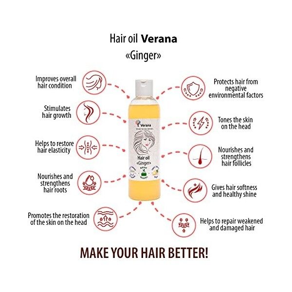 Huile de cheveux Verana, Gingembre et Ricin, Sans OGM, 100% Naturelle, BIO, Végan, Pour les Cheveux, la Barbe et les Moustach