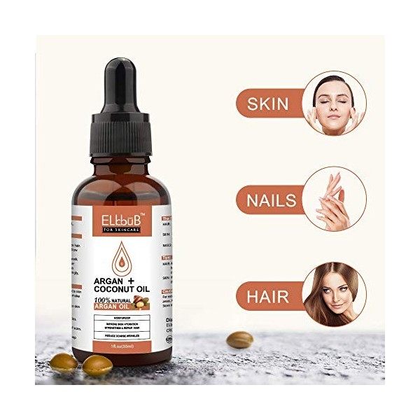 Huile dArgan Bio & Huile de Noix de Coco - Sérum de Soin Naturel pour Visage, Cheveux, Corps Ongles - Argan Pressée à Froid 