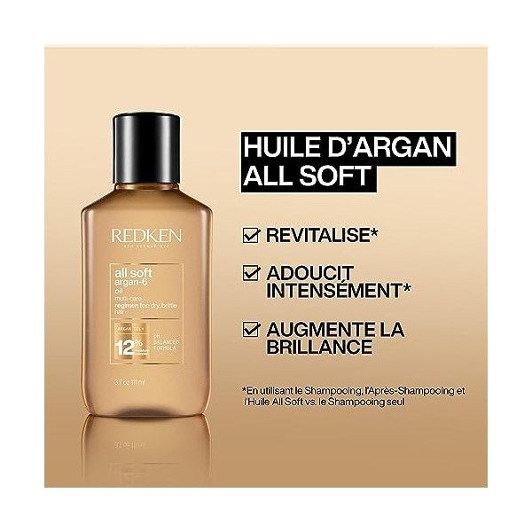 Redken, Huile dArgan Multi-Soins pour Cheveux Secs & Sensibilisés, Protection, Lissage, Brillance & Douceur, All Soft, 111 m