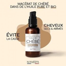Huile de Chébé – Manelya – Pousse des cheveux – Secret du Tchad – Flacon en verre ambré avec pompe 100 ml 
