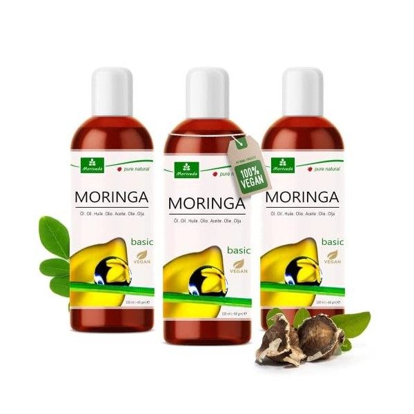 MoriVeda Huile de Moringa Basic 300 ml, pressée à partir de graines et de gousses dOleifera, pour les soins de la peau, des 