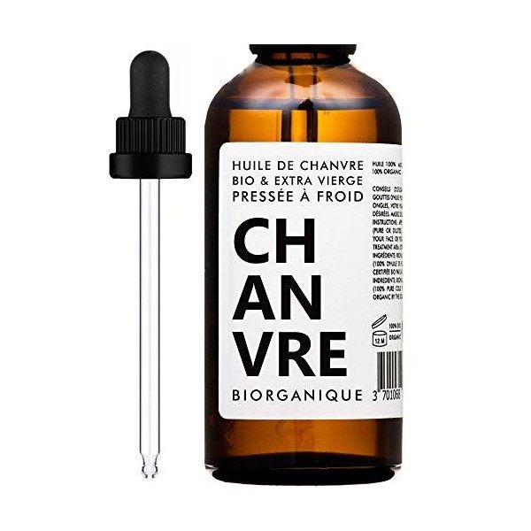 Huile de Chanvre 100% Bio, Pure et Naturelle - 100 ml - Soin pour Cheveux, Corps, Peau, Anti-âge, Visage.