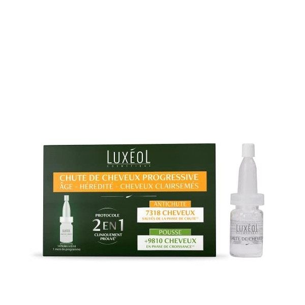 Luxéol – Chute de Cheveux Progressive 2 en 1 – Efficacité Cliniquement Prouvée* – 14 fioles de 6 ml & Pousse Croissance & For