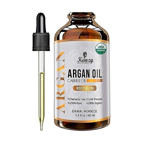 Kanzy Huile dArgan Bio Pour Cheveux, Peau, Corps, Ongles 100% Pure Moroccan Pressée à Froid Argan Oil en Bouteille Verre, An