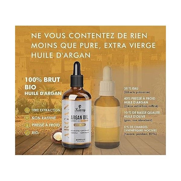 Kanzy Huile dArgan Bio Pour Cheveux, Peau, Corps, Ongles 100% Pure Moroccan Pressée à Froid Argan Oil en Bouteille Verre, An