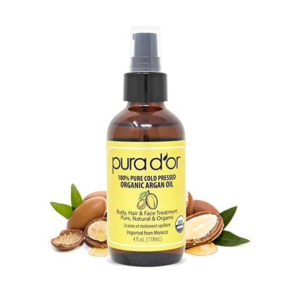 Pura DOr Huile dargan marocain 100% pur froid pressé et usda traitement hydratant bio pour le visage, cheveux, peau et ongl