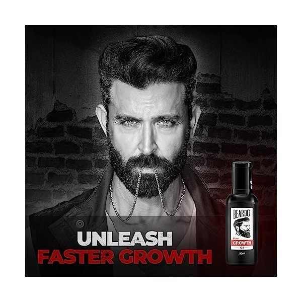 Beardo Huile de croissance pour barbe et cheveux - 50 ml - Ingrédients naturels - Huiles de rose et dhibiscus