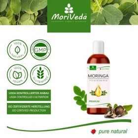 MoriVeda® - Huile de Moringa Premium 100ml, pressée à froid à partir de graines de haute qualité. Qualité 100% Oleifera. Soin