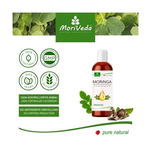 MoriVeda® - Huile de Moringa Premium 100ml, pressée à froid à partir de graines de haute qualité. Qualité 100% Oleifera. Soin