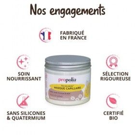 PROPOLIA - Bio - Masque Capillaire - Miel / Karité / Huile d’Avocat - Nourrit et hydrate les cheveux secs - Fabriqué en Franc